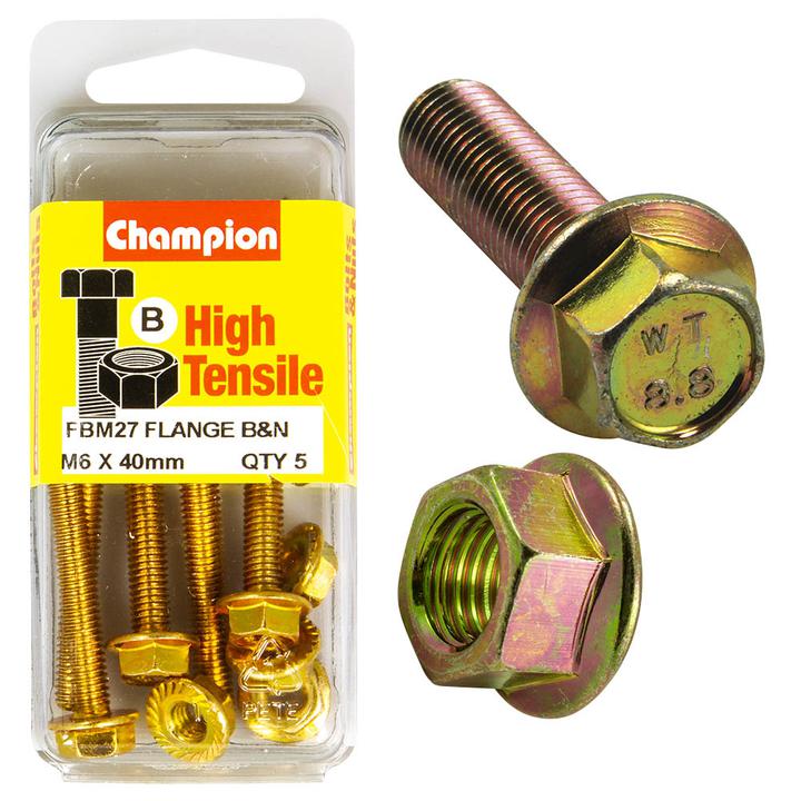 Champion Hex Screw & Nut Flanged HT M6 x 40mm 10Pk FBM27