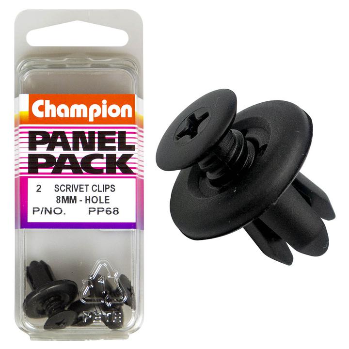 Champion Push Rivet Black 12.5mm Len 8.4-10.2mm Hole 18mm Head 2Pk PP68