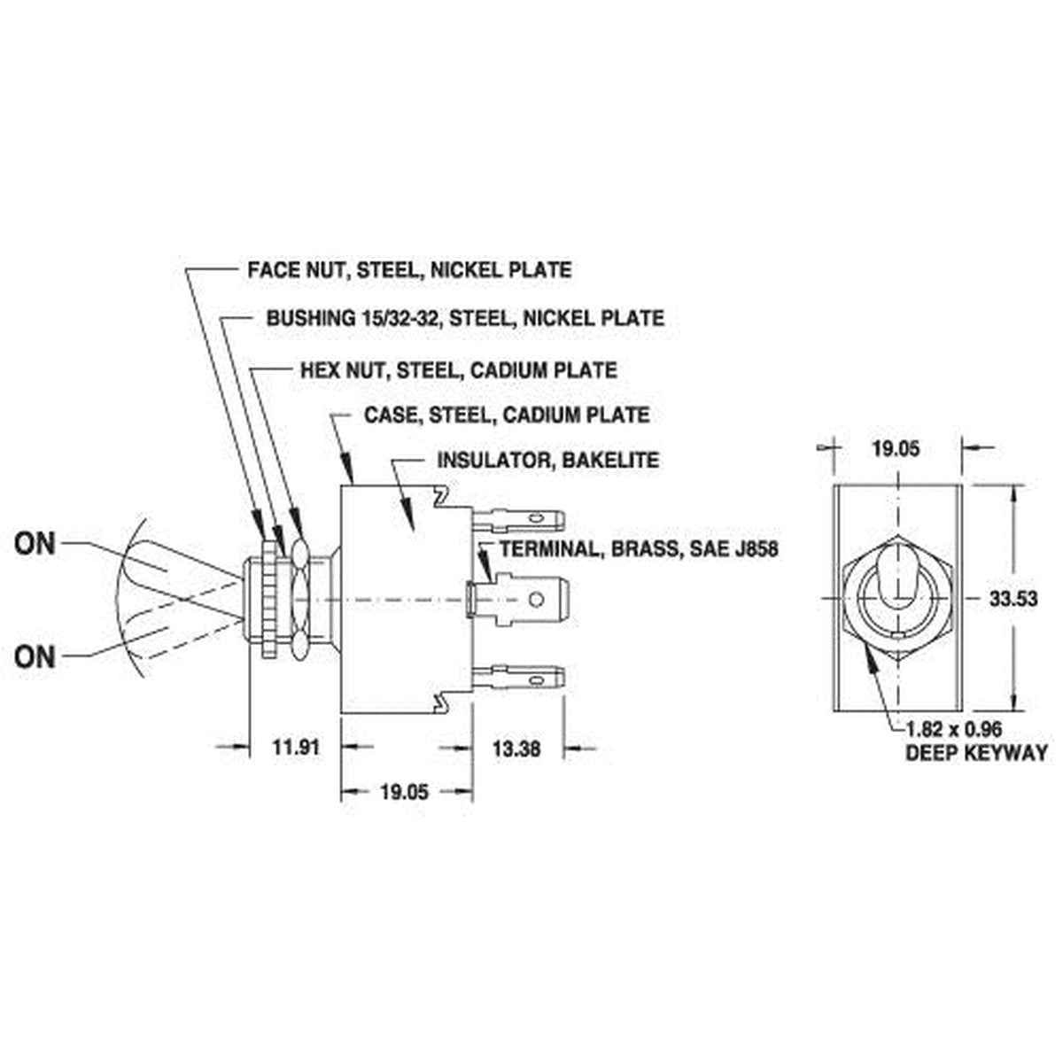 Cole Hersee Toggle Switch DPDT On/On Blade Terminals (Pack of 1) 55018BL