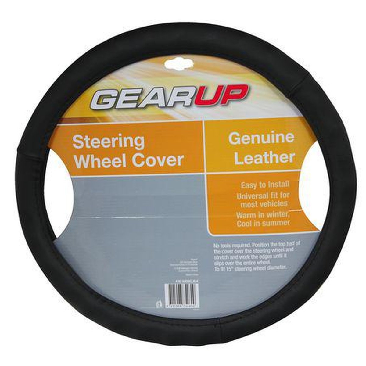 Gearup Steering Wheel Cover 15" Leather Black GUSWCLBLK