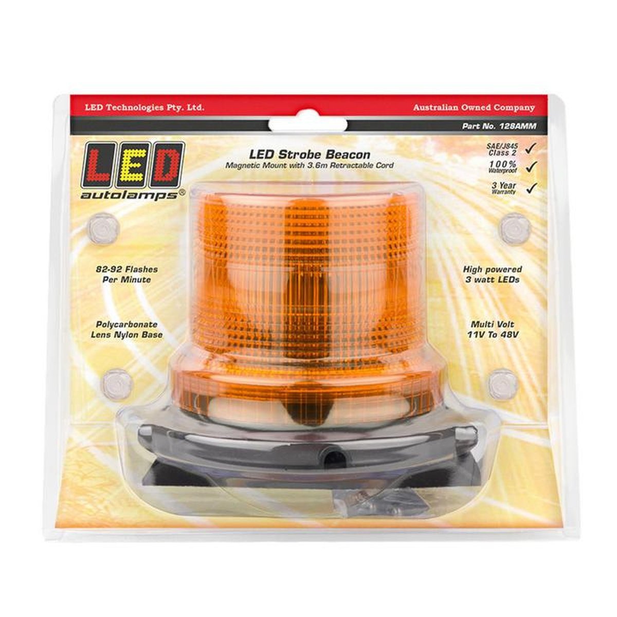 LED Autolamps Beacon Light LED Amber IP67 11/48V Magnetic Mount 128AMM