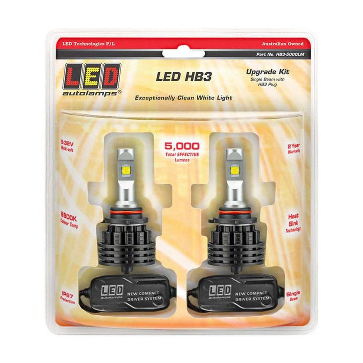 LED Autolamps HB3 Single Beam Headlight Kit 9-32V Twin Pack HB3-5000LM