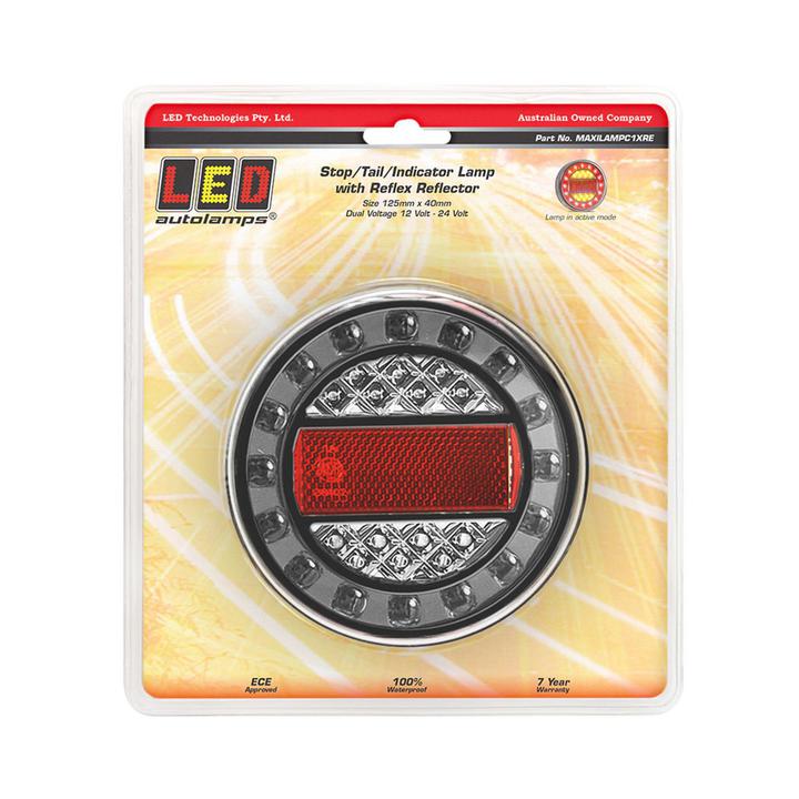 LED Autolamps Stop/Tail/Indicator/Reflector LED Maxilamp Round Light Black Chrome 12-24V MAXILAMPC1XRE