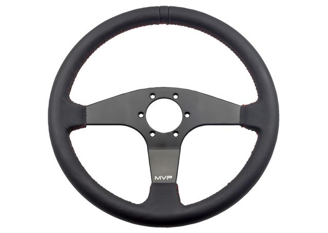 MVP Steering Wheel 350mm Steering Wheel Flat Leather Black w/ Red Stitch VPR-201