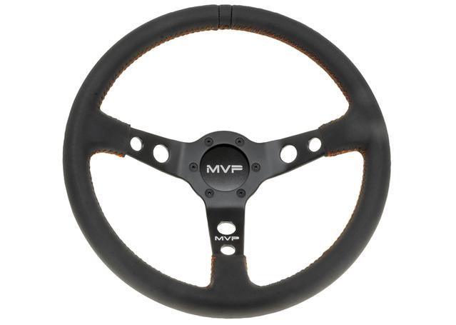 MVP Black 350mm Leather Steering Wheel Dished w/ Red Stitch VPR-211