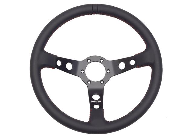 MVP Black 350mm Leather Steering Wheel Dished w/ Red Stitch VPR-211
