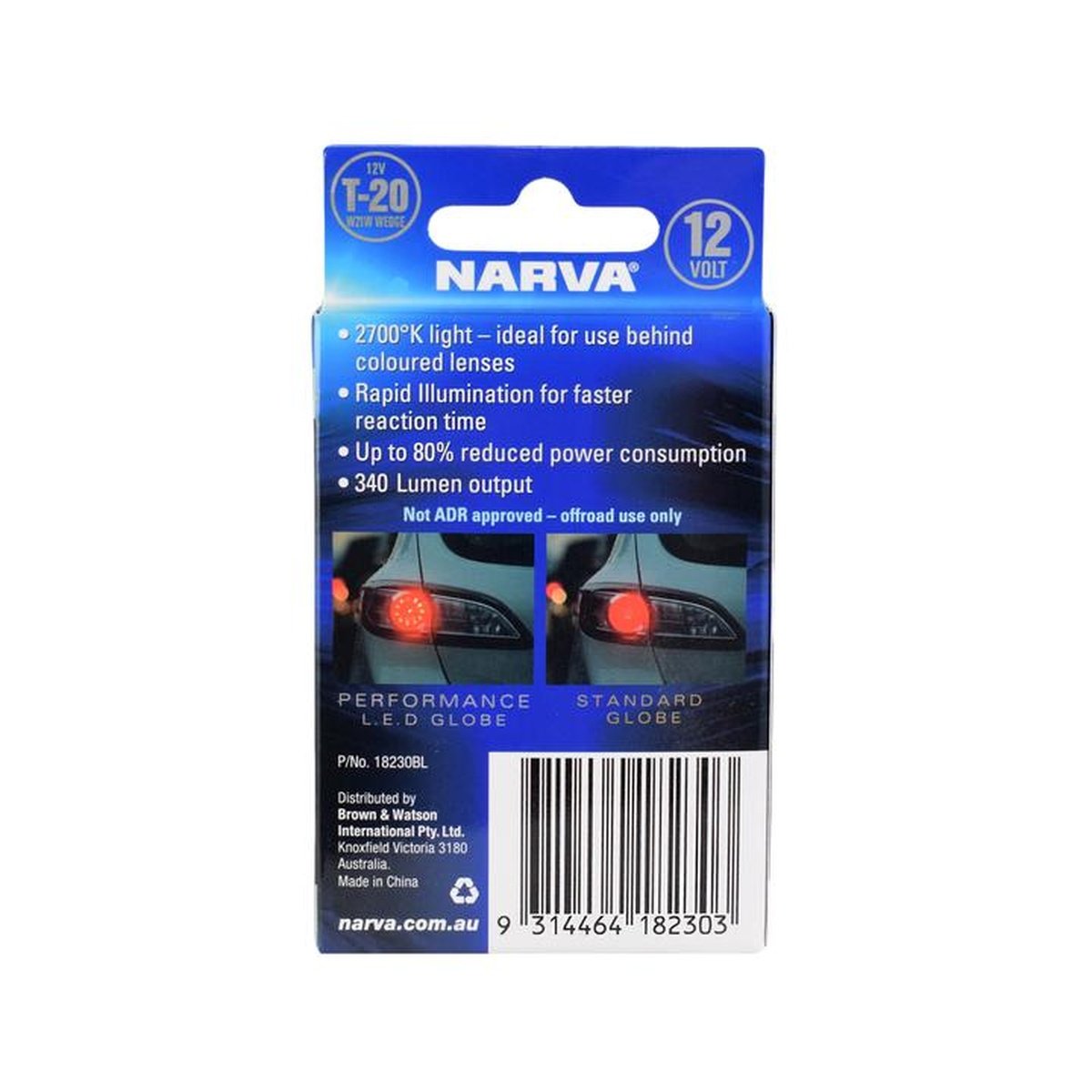 Narva 12V T20 W21W LED Wedge Globes Stop Light 2700K 2PK 18230BL