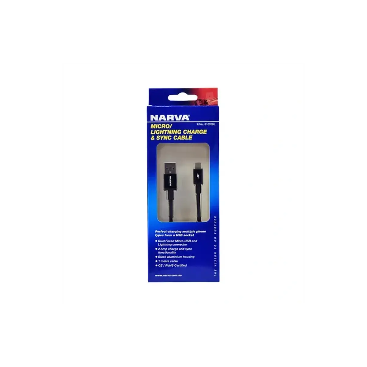 Narva Micro USB & Dual Faced Lightning Charge and Sync Cable (Blister 1Pk) 81070BL