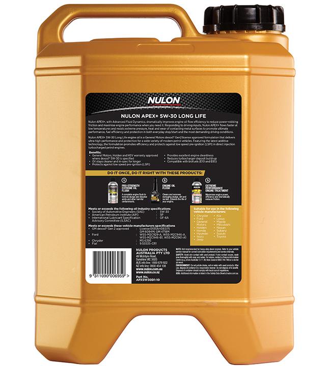 Nulon APEX+ 5W-30 Long Life Engine Oil 10L Full Synthetic APX5W30D1-10
