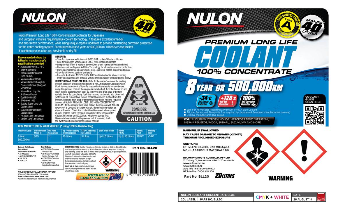 Nulon Blue Long Life Concentrate Coolant 20L BLL20