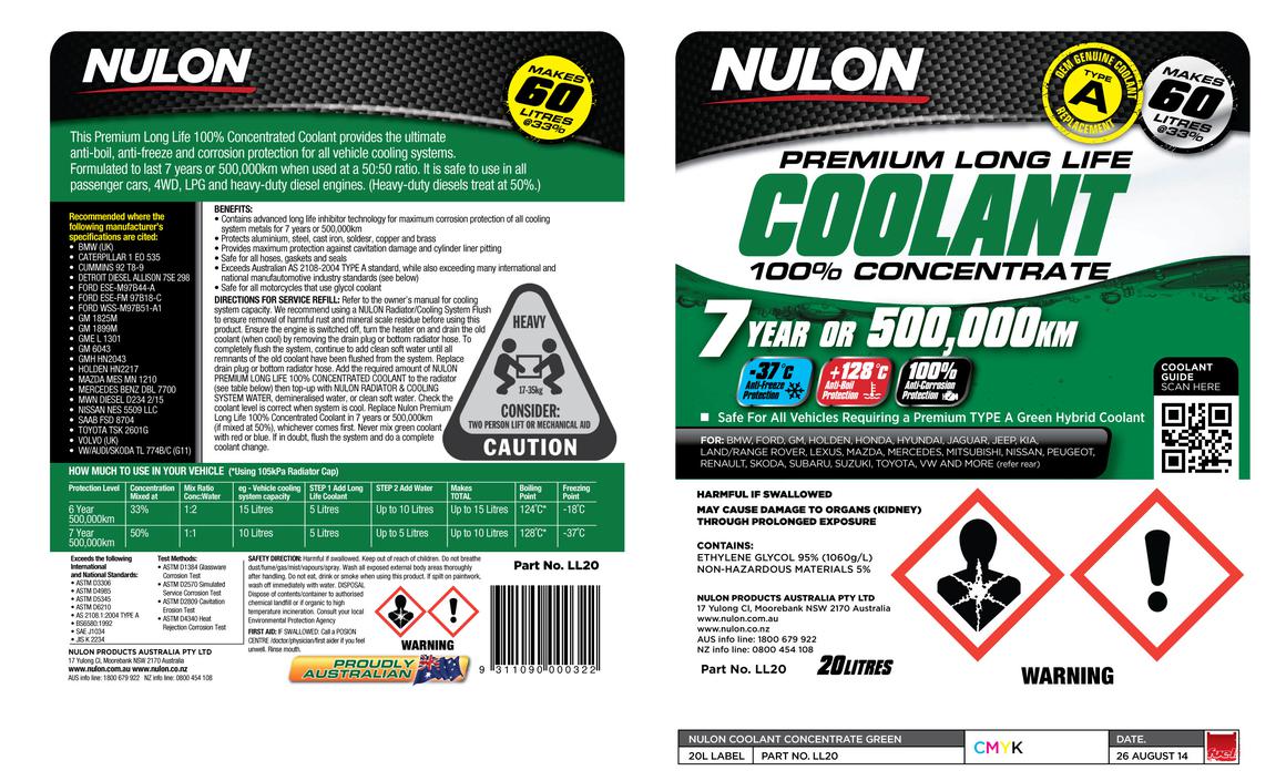 Nulon Green Premium Long Life Coolant 100% Concentrate 20L LL20