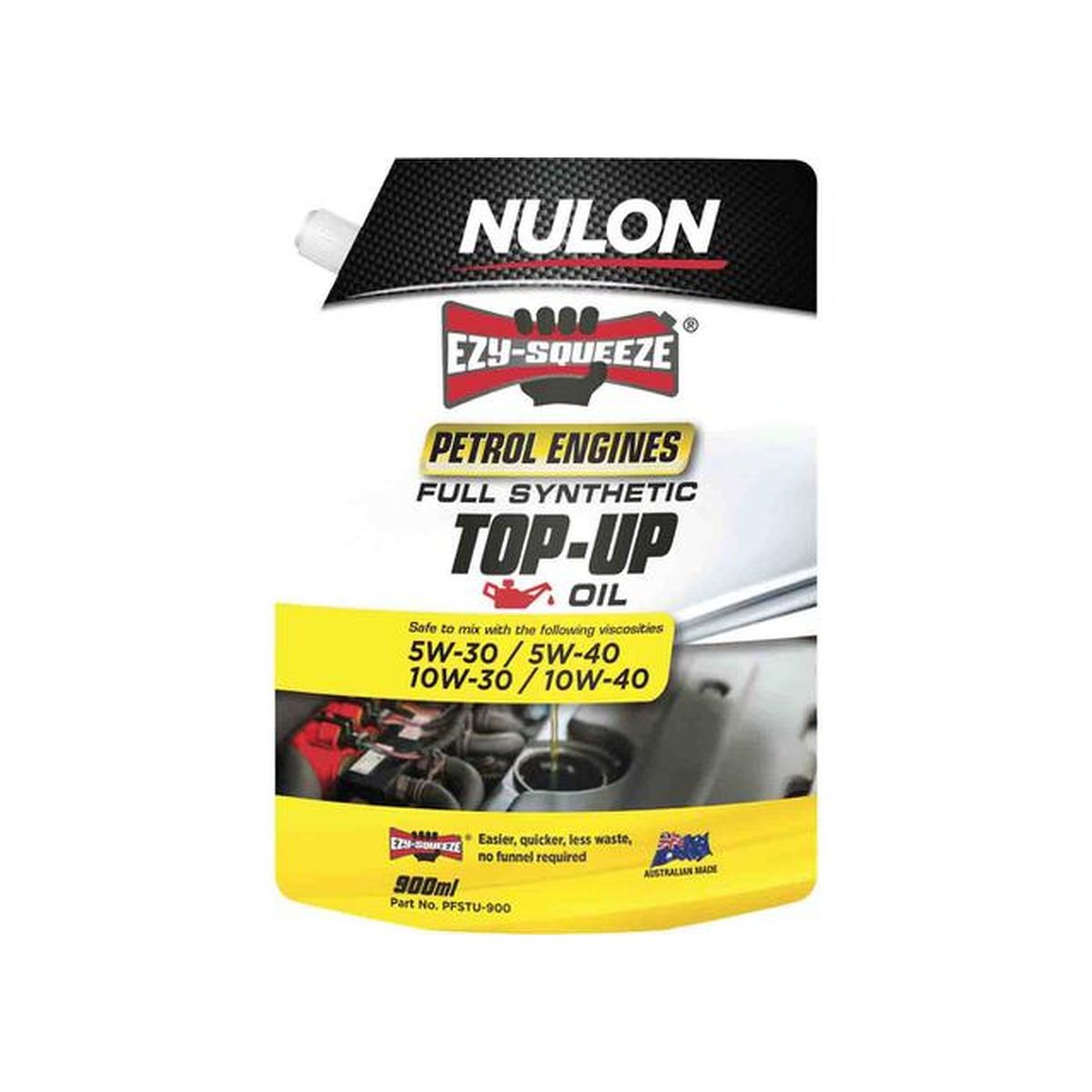 Nulon EZY-SQUEEZE Petrol Engine Premium Engine Oil Top-Up 900ml Full Synthetic PFSTU-900