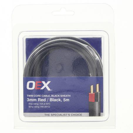 OEX Auto Cable 10A Twin Core 3mm x 5m Red/Black w/Black Sheath ACX0806-5BL