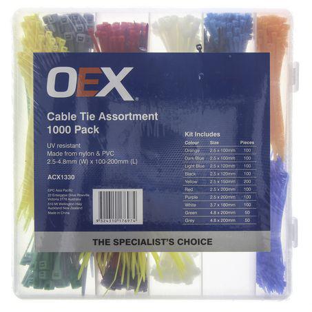 OEX Nylon Cable Tie Assortment Coloured 1000 Pack ACX1330