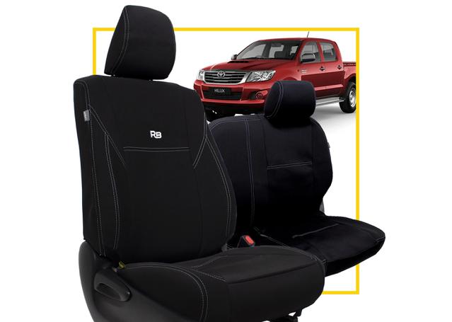 Razorback 4x4 Front Pair Black Neoprene Seat Covers Charcoal Stitching (Suits Toyota Hilux 7th Gen Workmate Bucket & Bench)