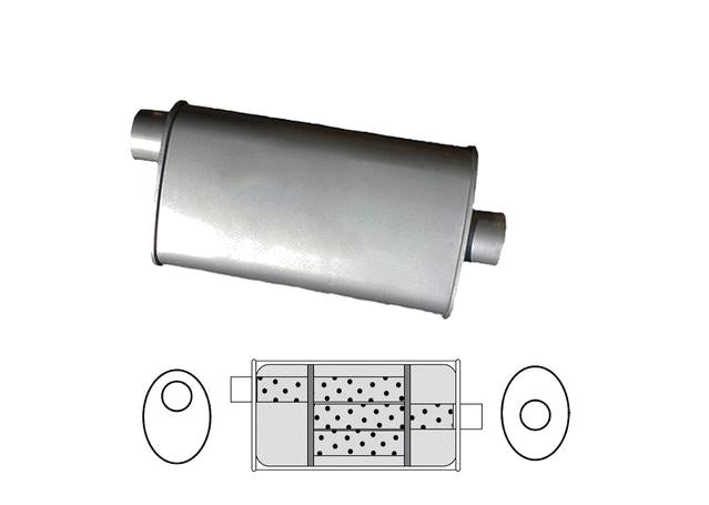 Redback Oval Muffler 14" Long 2.25" Offset/Centre Glass Packed Mild F627GP
