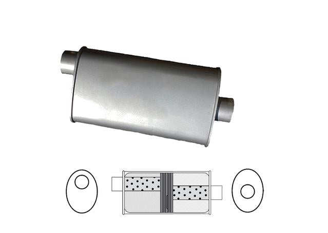 Redback Oval Muffler 14" Long 2.5" Offset/Centre Glass Packed Mild J727GPBU
