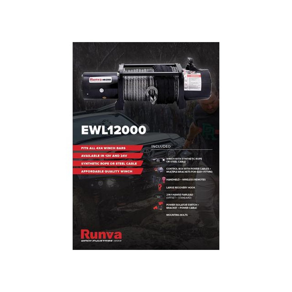 Runva EWL12000 4X4 Winch 12V 12000lb W/Synthetic Rope EWL1200012VD
