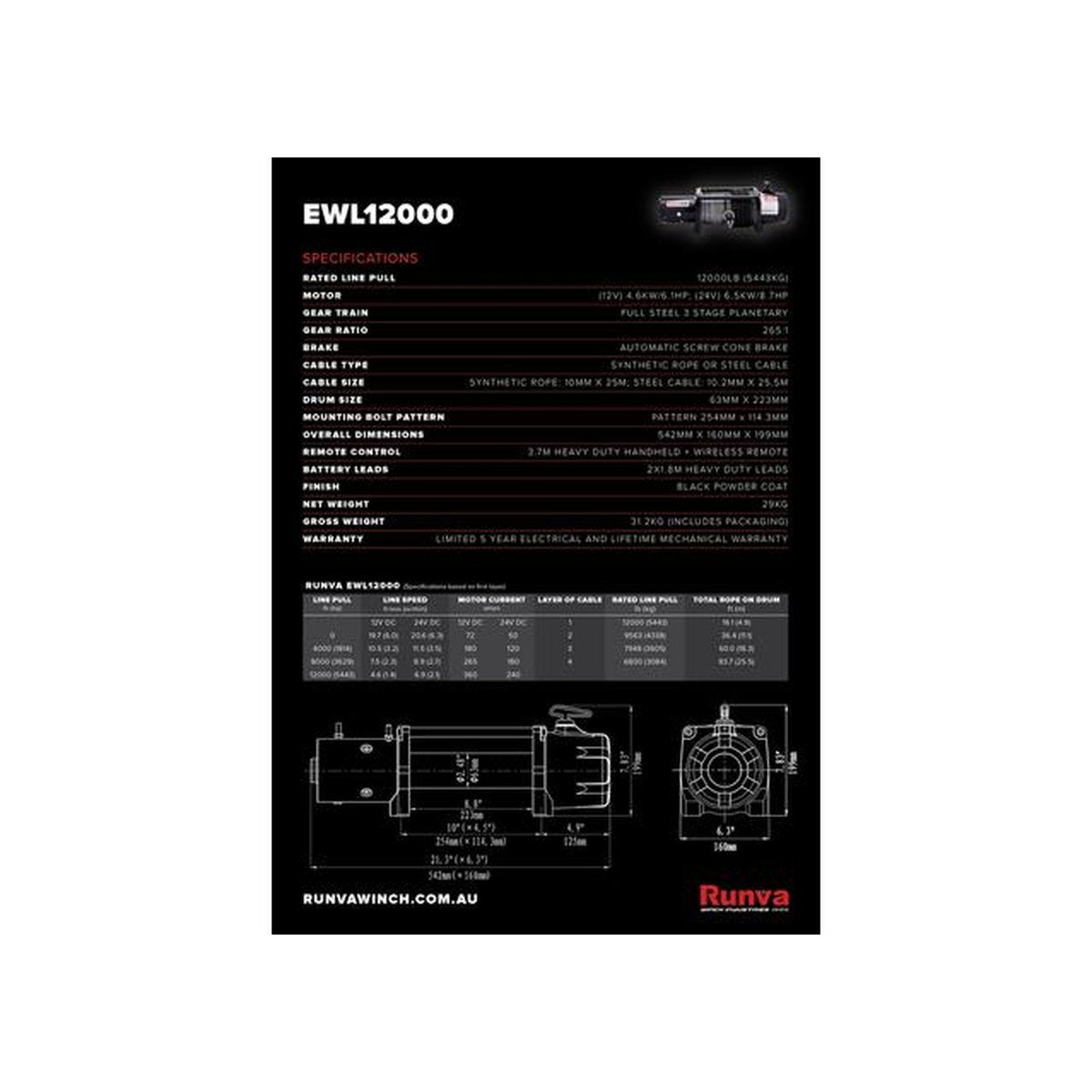 Runva EWL12000 4X4 Winch 12V 12000lb W/Synthetic Rope EWL1200012VD