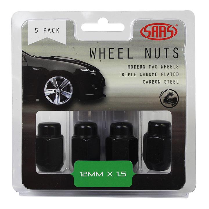 SAAS Wheel Nuts Acorn Taper M12x1.50 Black 35mm (5 Pack) 235265BC