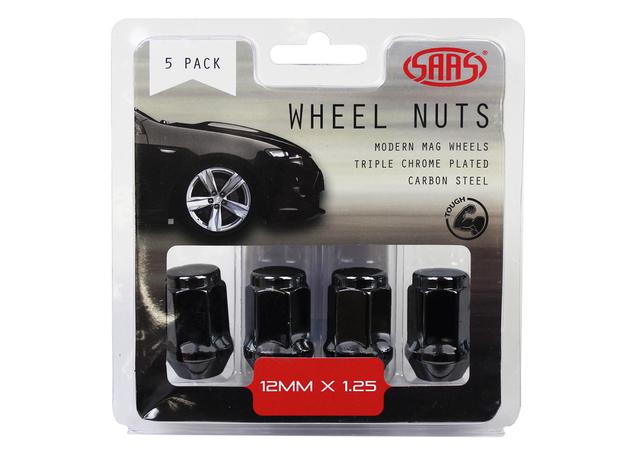 SAAS Wheel Nuts Flat Head Bulge M12x1.25 Black 35mm (5 Pack) 435955BC