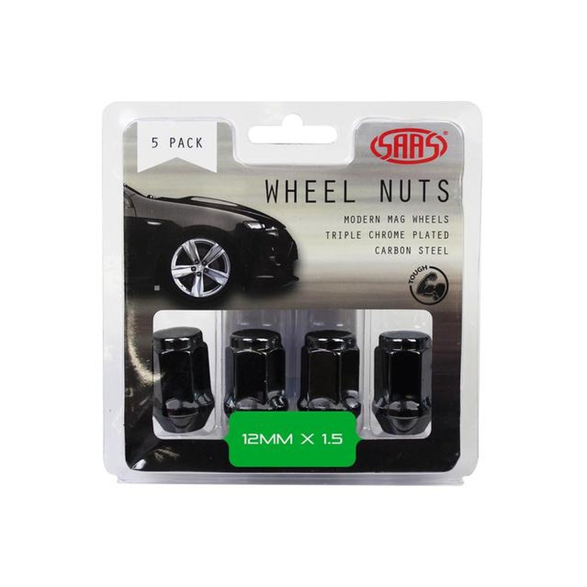 SAAS Wheel Nuts Flat Head Bulge M12x1.50 Black 35mm (5 Pack) 435965BC