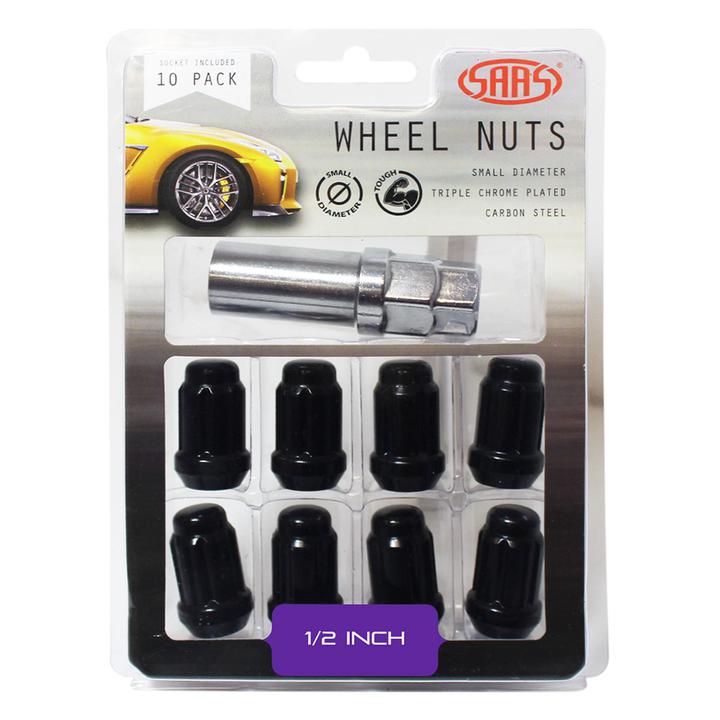 SAAS Wheel Nuts S/D 6 Spline 1/2" (Inc Key) Black (10 Pack) 6330110BC