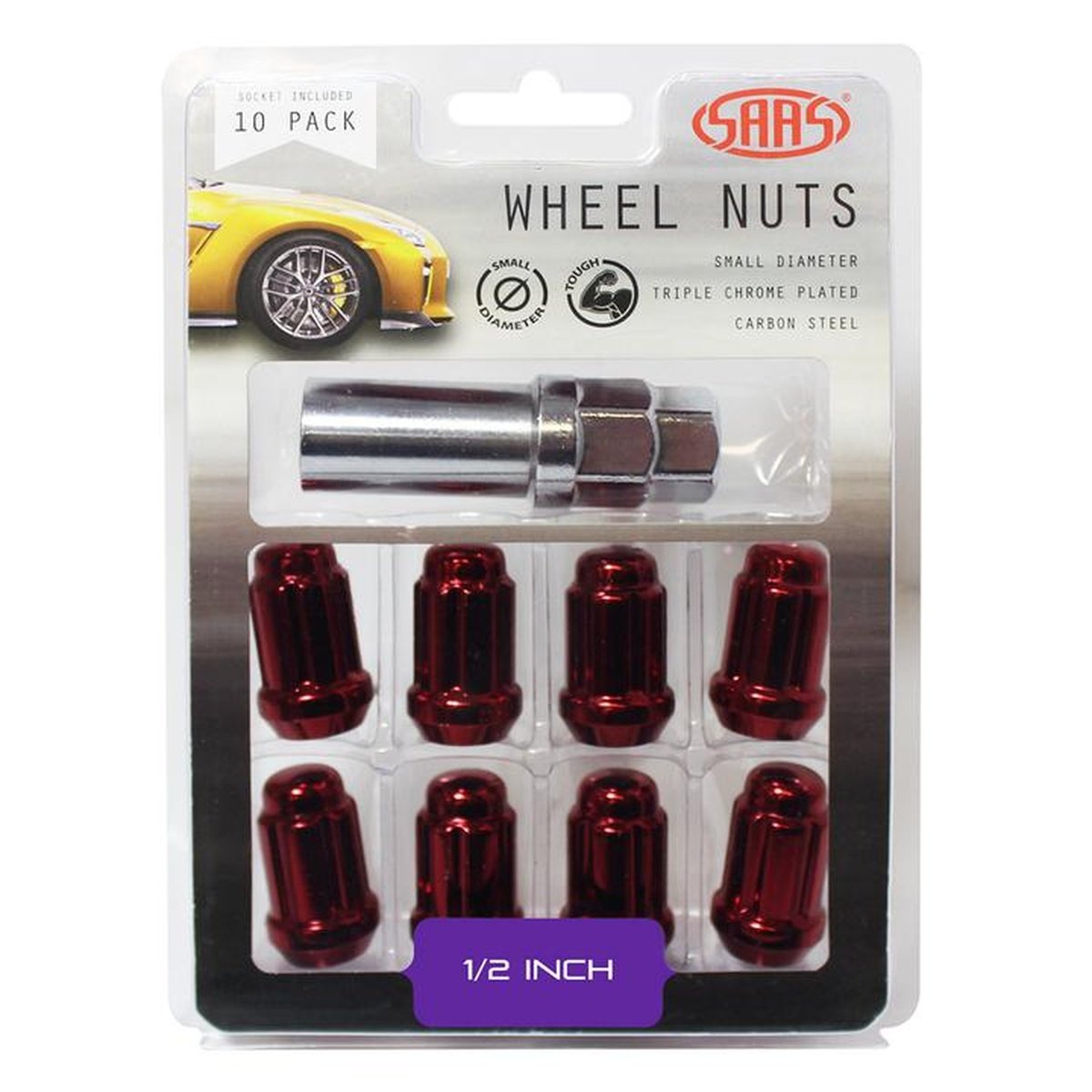 SAAS Wheel Nuts S/D 6 Spline 1/2" (Inc Key) Red (10 Pack) 6330110R