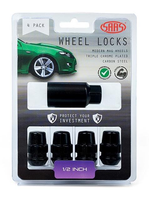SAAS Locking Wheel Nuts Splined Acorn Bulge 1/2" Black (4 Pack) 923321BC