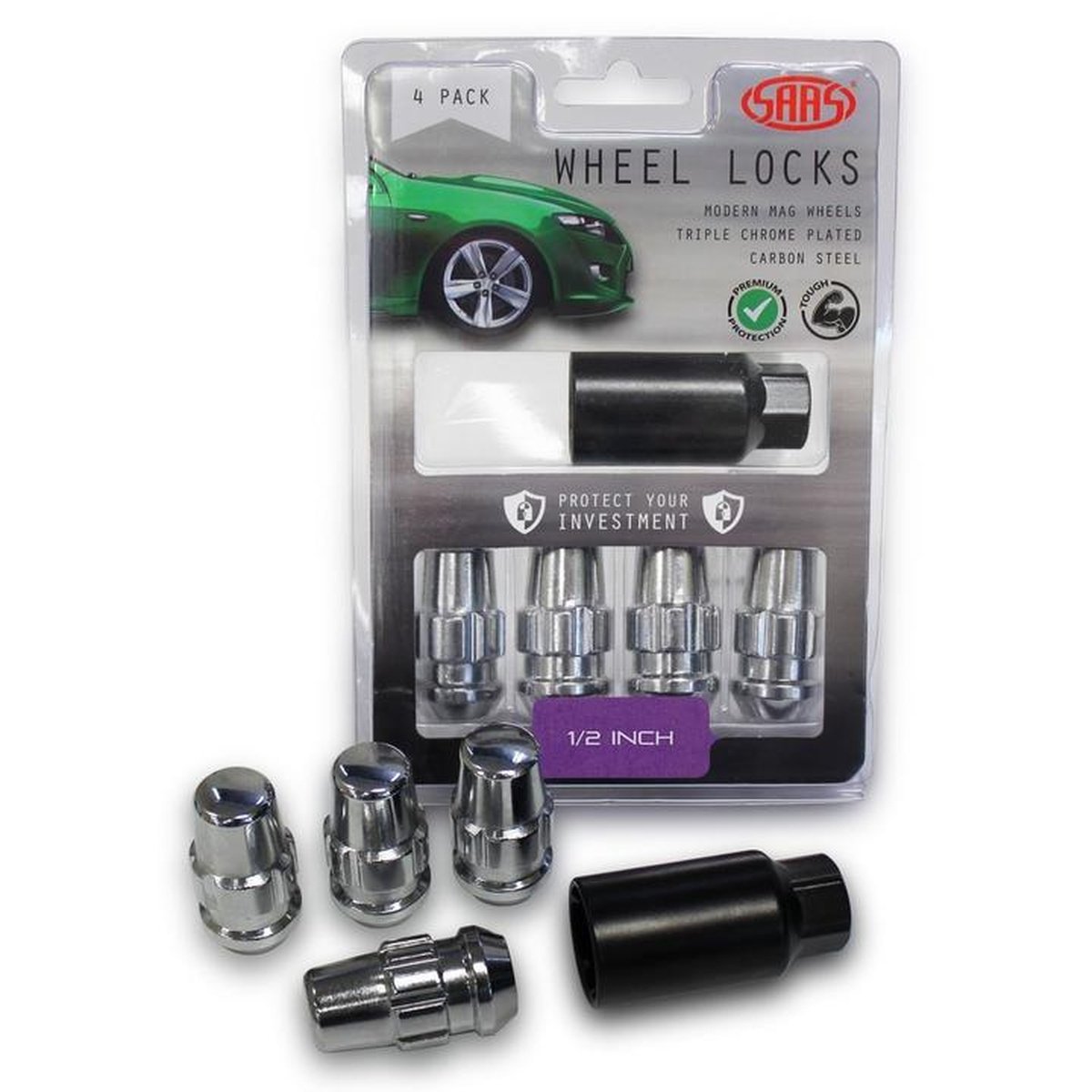 SAAS Locking Wheel Nuts Splined Acorn Bulge 1/2" 44mm (4 Pack) 924421
