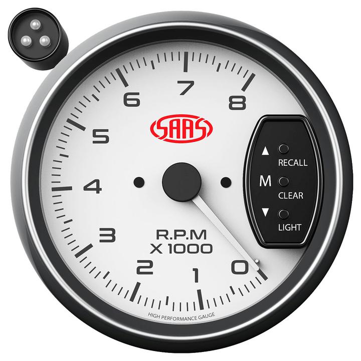 SAAS Muscle Series 3-3/4" Tacho Gauge 8,000RPM w/Shift Light White SG-TAC334W