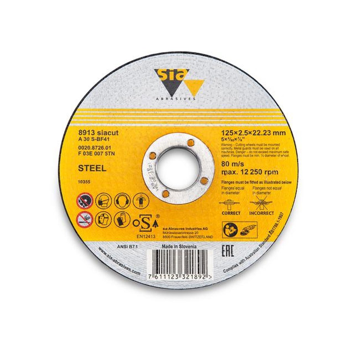 sia Abrasives Cut-Off Wheel AS46T BF41 STEEL/INOX 125 x 1.6 x 22.2mm