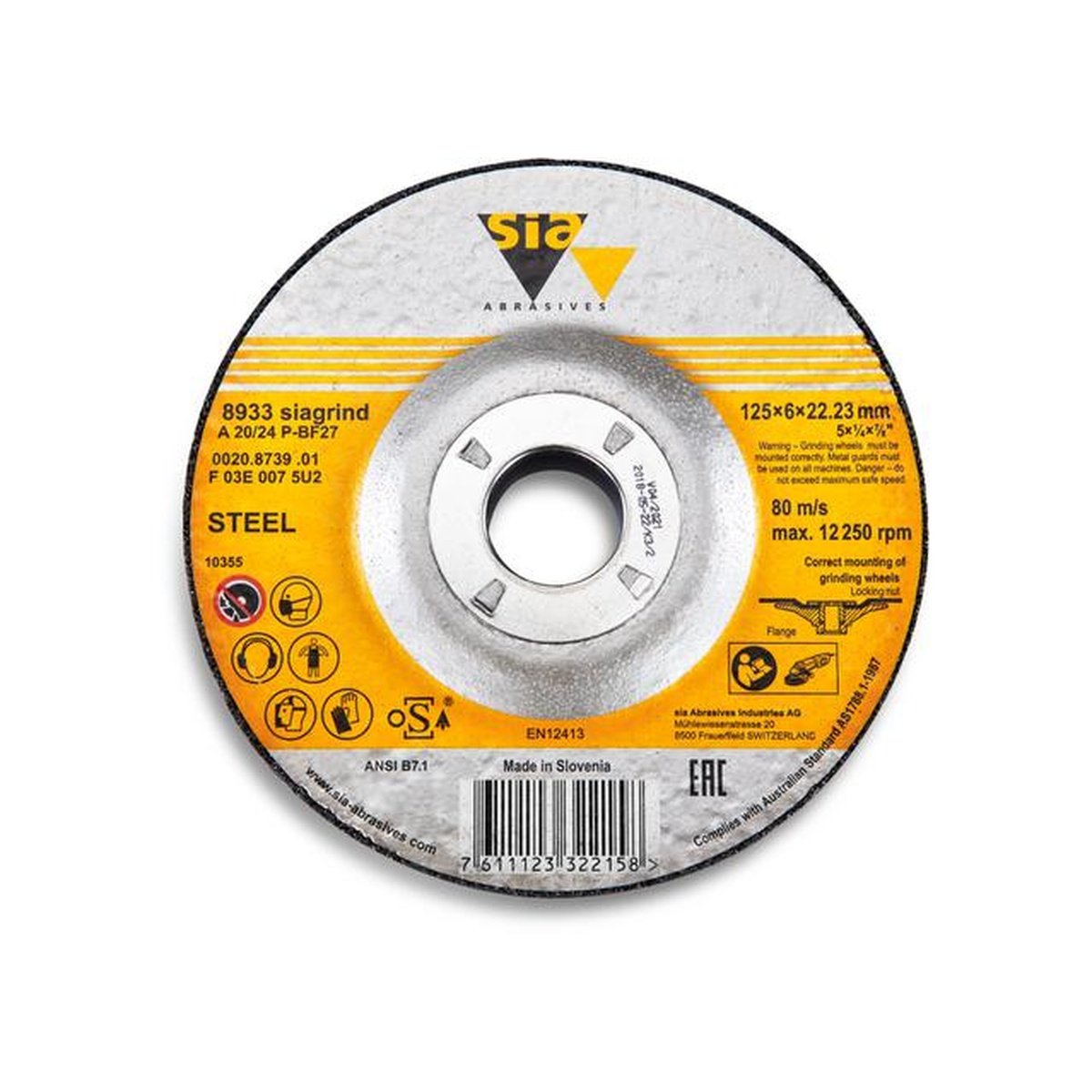 sia Abrasives Grinding Wheel A20/24P BF27 STEEL 115 x 6 x 22.2mm