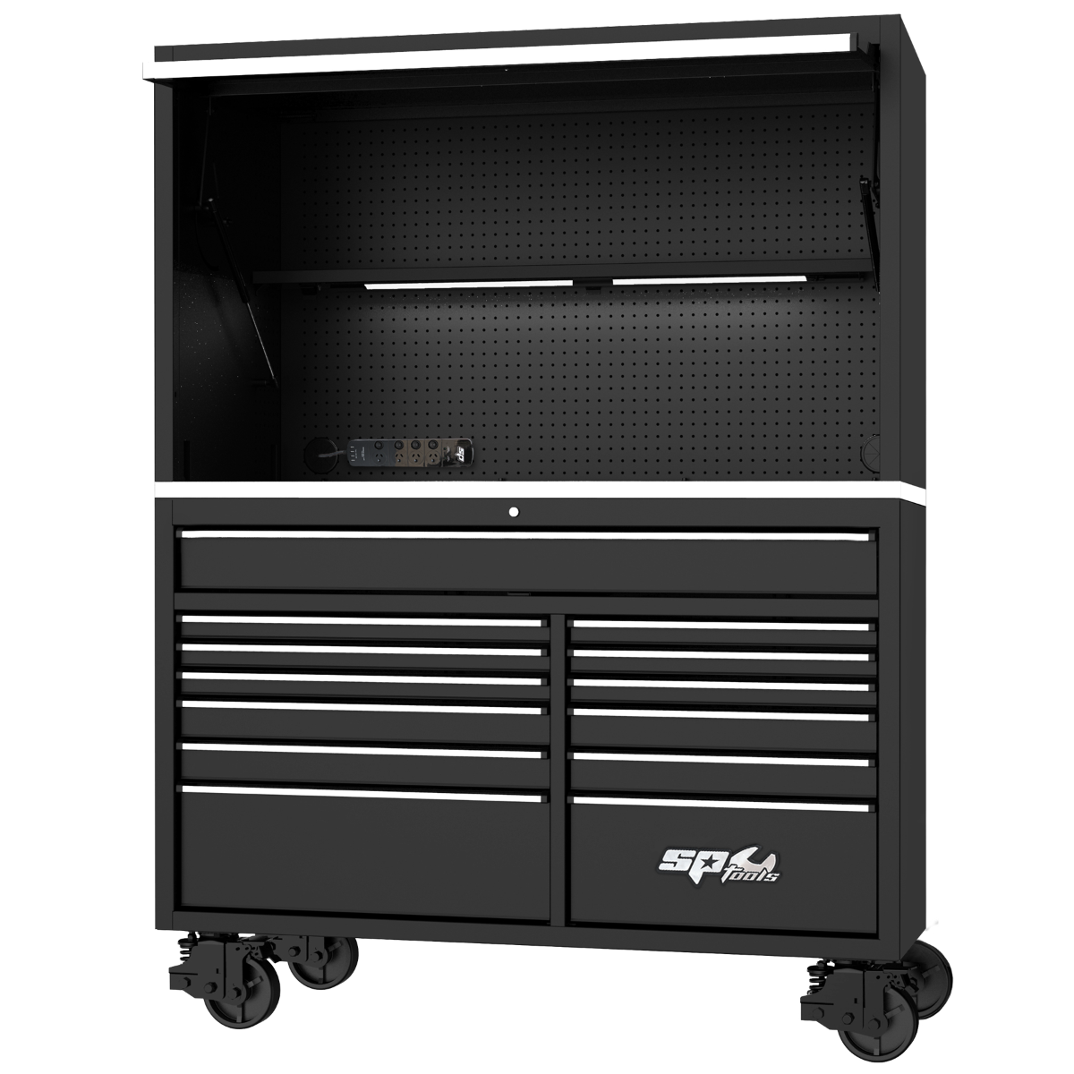 SP Tools 59in. USA Sumo Workstation Rollercab & Top Hutch Combo Black/Chrome SP44740