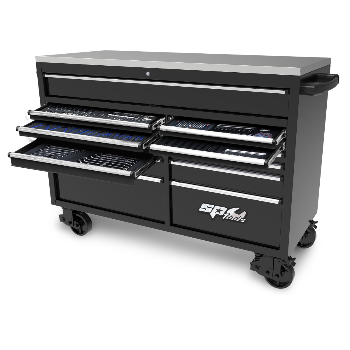 SP Tools 59in. 465Pc 13 Drawer USA Sumo Rollcab Power Hutch Tool Kit Black/Chrome SP50805