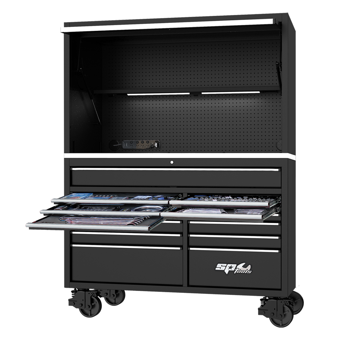 SP Tools 59in. 631Pc 13 Drawer USA Sumo Rollcab Power Hutch Tool Kit Black/Chrome SP50810