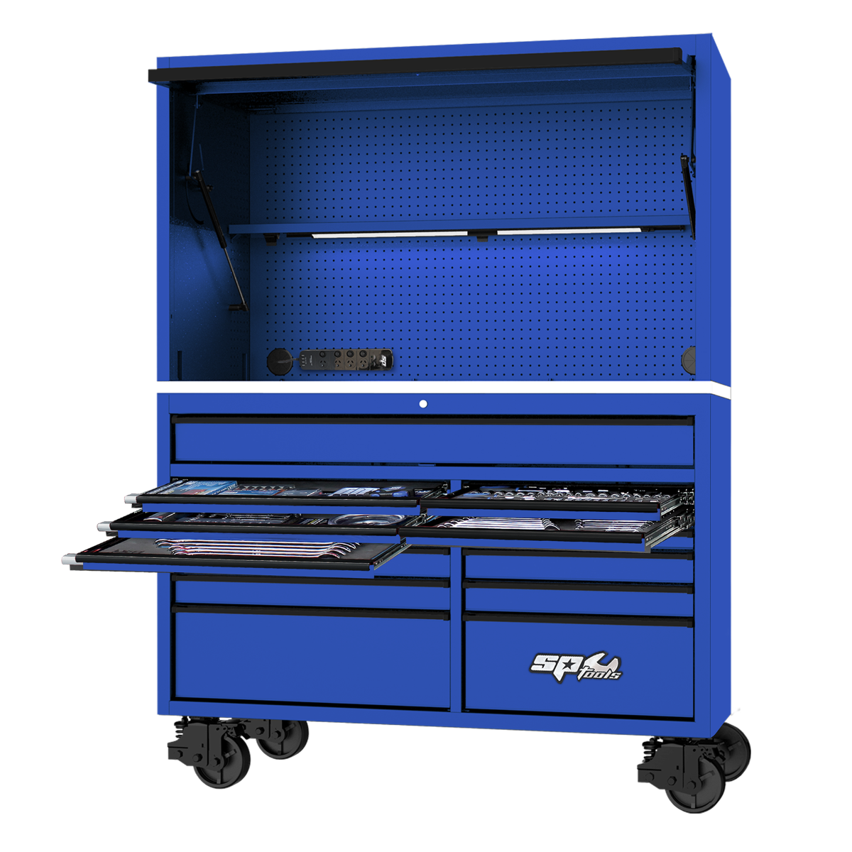 SP Tools 59in. 631Pc 13 Drawer USA Sumo Rollcab Power Hutch Tool Kit Black/Black SP50810BL
