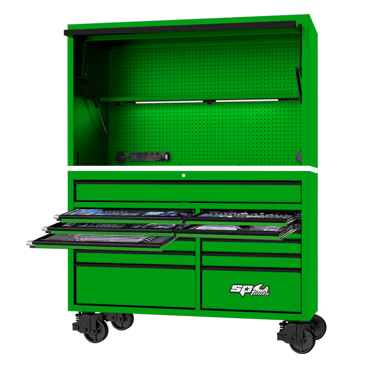 SP Tools 59in. 631Pc 13Drawer USA Sumo Rollcab Power Hutch Tool Kit Green/Black SP50810G