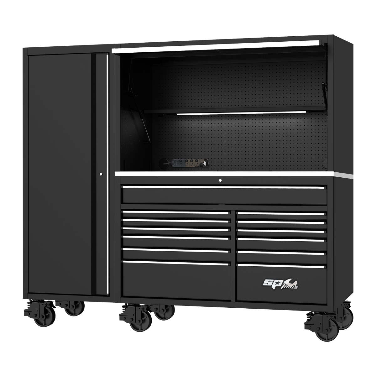 SP Tools 86in 730Pc 13Drawer USA Sumo Rollcab Power Hutch/Side Cabinet Tool Kit Black/Chrome SP50815