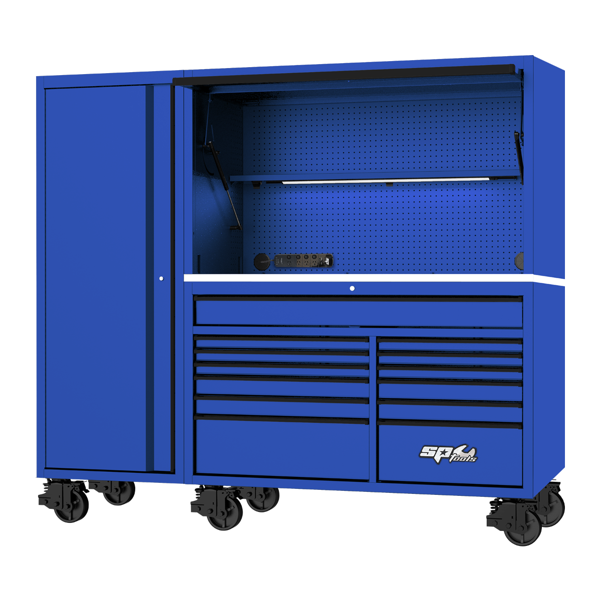 SP Tools 86in 730Pc 13Drawer USA Sumo Rollcab Power Hutch/Side Cabinet Tool Kit Blue/Black SP50815BL