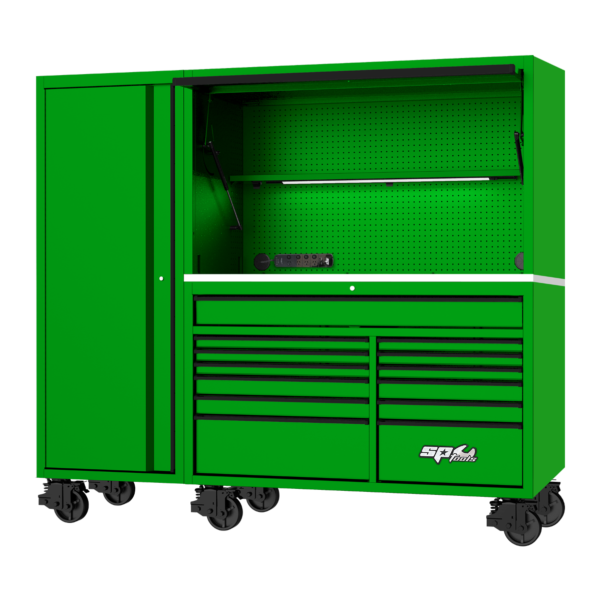 SP Tools 86in 730Pc 13Drawer USA Sumo Rollcab Power Hutch/Side Cabinet Tool Kit Green/Black SP50815G