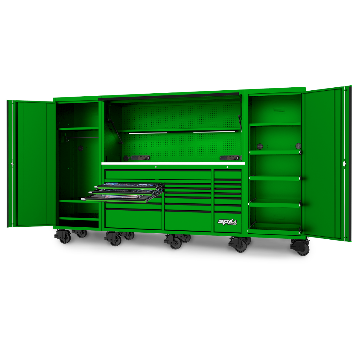 SP Tools 128in. 1017Pc 21 Drawer USA Sumo Complete Workstation Tool Kit Green/Chrome SP50855G