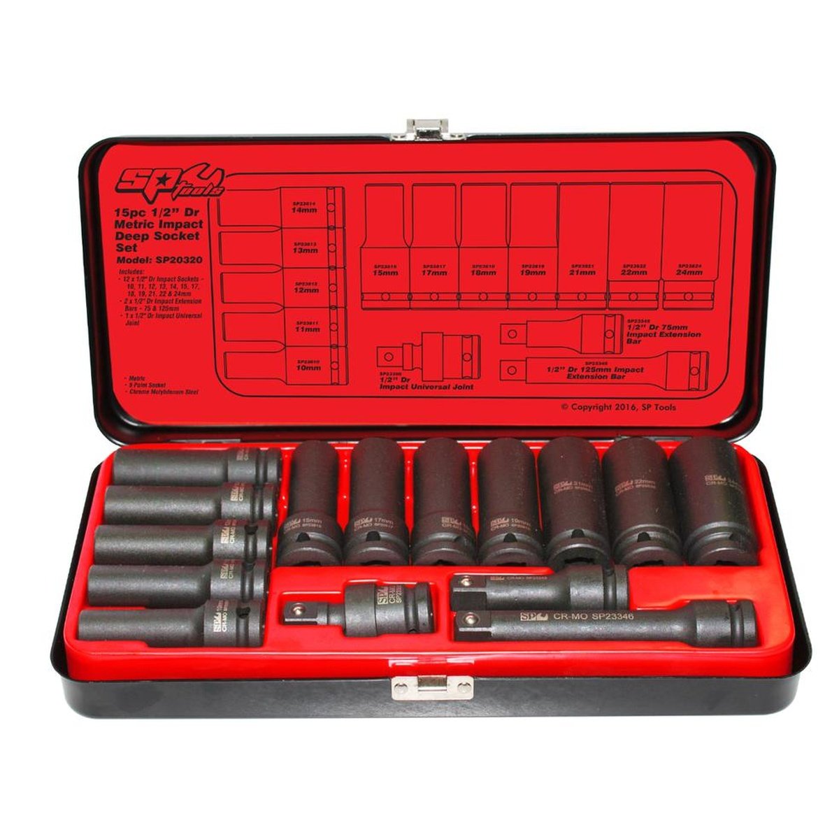 SP Tools Socket Set Impact 1/2Dr Deep 6PT 15Pc Metric