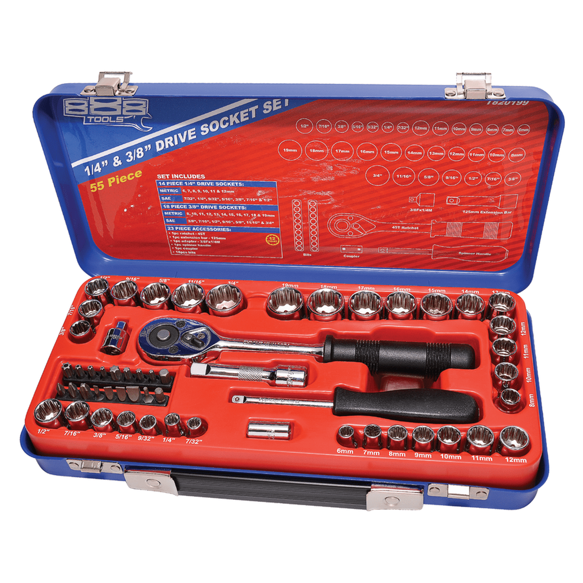 888 By SP Tools Socket Set 888 1/4" & 3/8 Dr 12PT Metric/SAE 55Pc