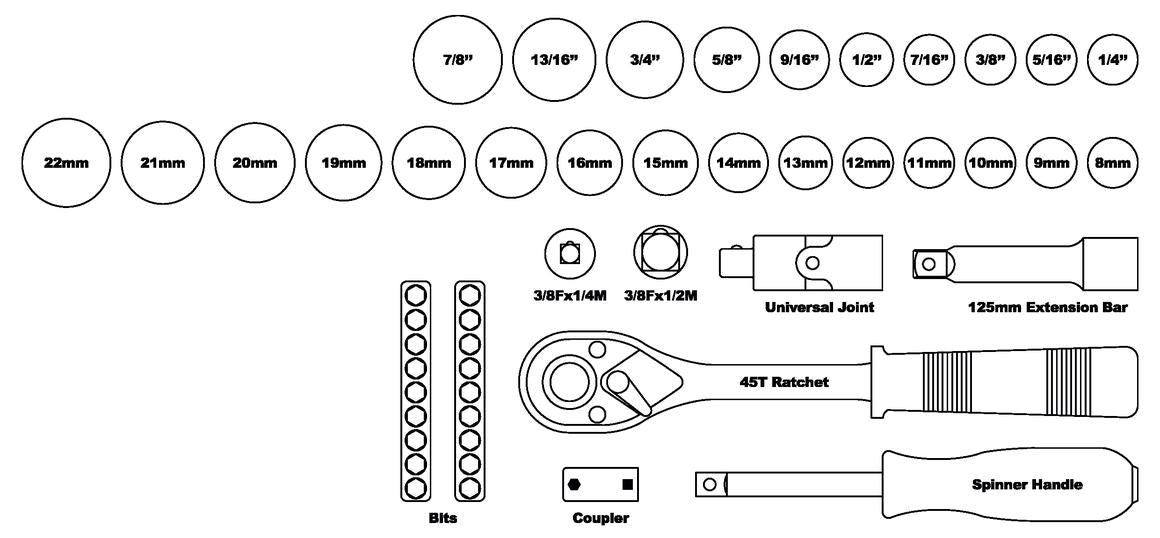 888 By SP Tools Socket Set 888 3/8" Dr 12PT Metric/SAE 50Pc