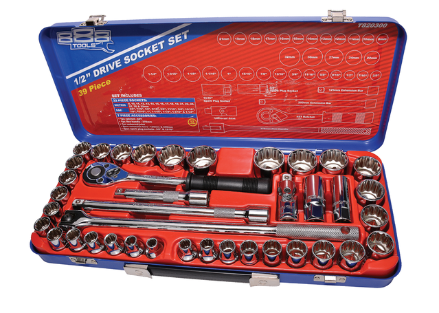 888 By SP Tools Socket Set 888 1/2" Dr 12PT Metric/SAE 39Pc