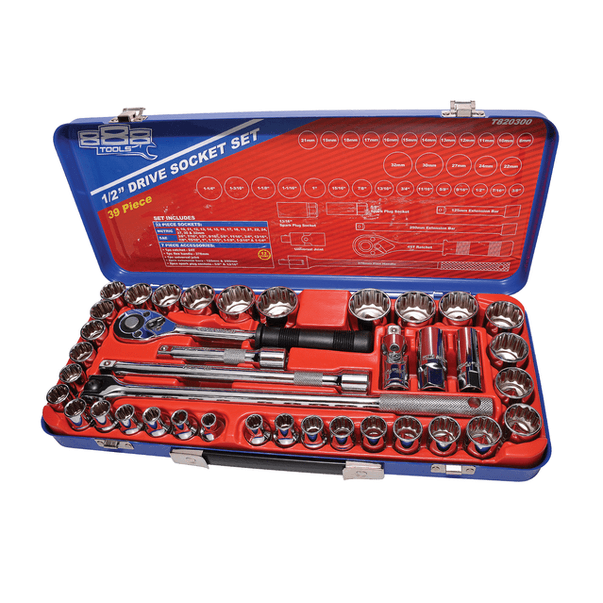 888 By SP Tools Socket Set 888 1/2" Dr 12PT Metric/SAE 39Pc