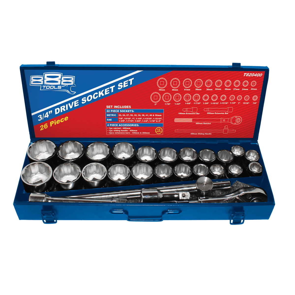 888 By SP Tools Socket Set 26Pc 12PT 3/4 Drive - Metal Box