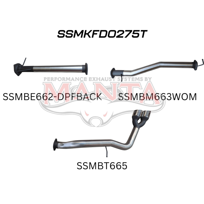 Manta Next Gen T6.2 Ranger V6 3in DPF Back Without Mufflers, Twin Tip Side Exit Exhaust System SSMKFD0275T