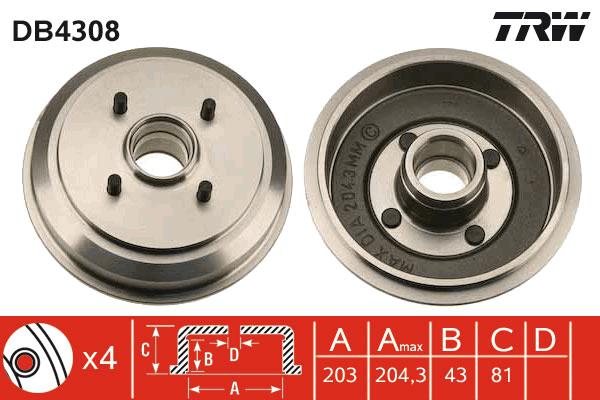 TRW Drum Brake Pair 223mm DB4308